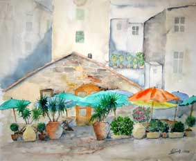 Aquarellbild Restaurantgarten