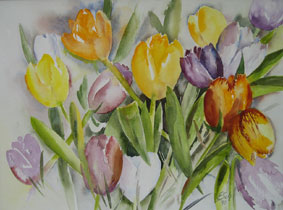 Aquarellbild Tulpenfeld