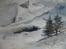 Aquarellbild Bergwinter