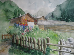 Aquarellbild Gasthof Jägerrast im Pfossental