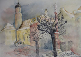 Aquarellbild Weilheim Marienplatz