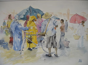 Aquarellbild Teepause am Markt