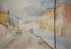 Aquarellbild Dorfstrasse Hoher Atlas