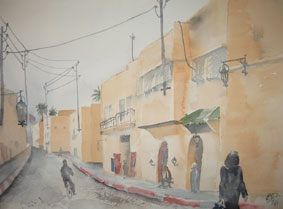 Aquarellbild Strassenszene Marrakesch