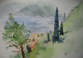 Aquarellbild Blick auf Riva