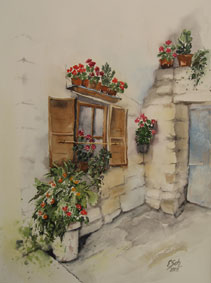 Aquarellbild Blumenfenster