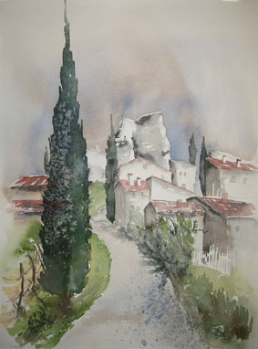 Aquarellbild Dorfstrasse Cecinne