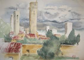 Aquarellbild San Gimignano mit Wolken